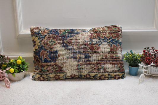 Vintage Turkish Rug Lumbar Pillow Cover: Faded Bohemian Decor (12x20 in)