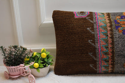 Handmade Wool Turkish Rug Lumbar Pillow Cover: Upcycled Kilim, 12x20 inch