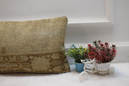 Vintage Turkish Rug Pillow Cover: Brown Wool Lumbar Pillow (12x20 in)