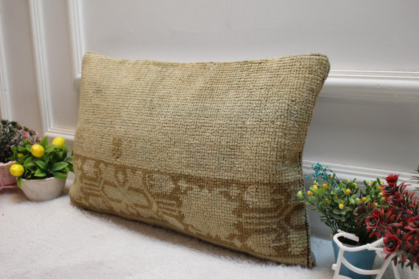 Vintage Turkish Rug Pillow Cover: Brown Wool Lumbar Pillow (12x20 in)