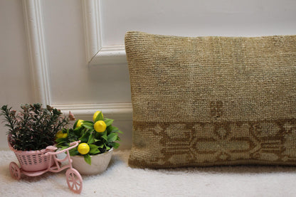 Vintage Turkish Rug Pillow Cover: Brown Wool Lumbar Pillow (12x20 in)