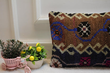 Handmade Brown Wool Lumbar Pillow Cover: Turkish Kilim Design (12x20 in)