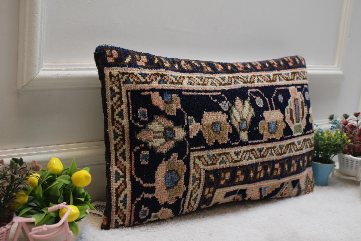 Floral Turkish Rug Lumbar Pillow Cover: Handmade Vintage Kilim, 12x20 inch