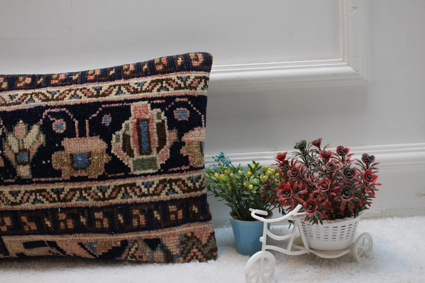 Floral Turkish Rug Lumbar Pillow Cover: Handmade Vintage Kilim, 12x20 inch