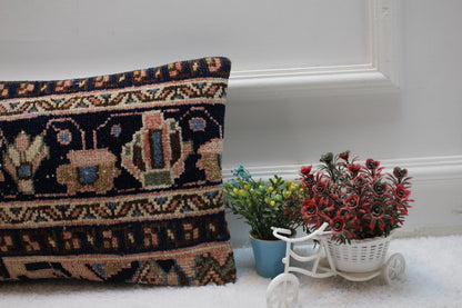 Floral Turkish Rug Lumbar Pillow Cover: Handmade Vintage Kilim, 12x20 inch