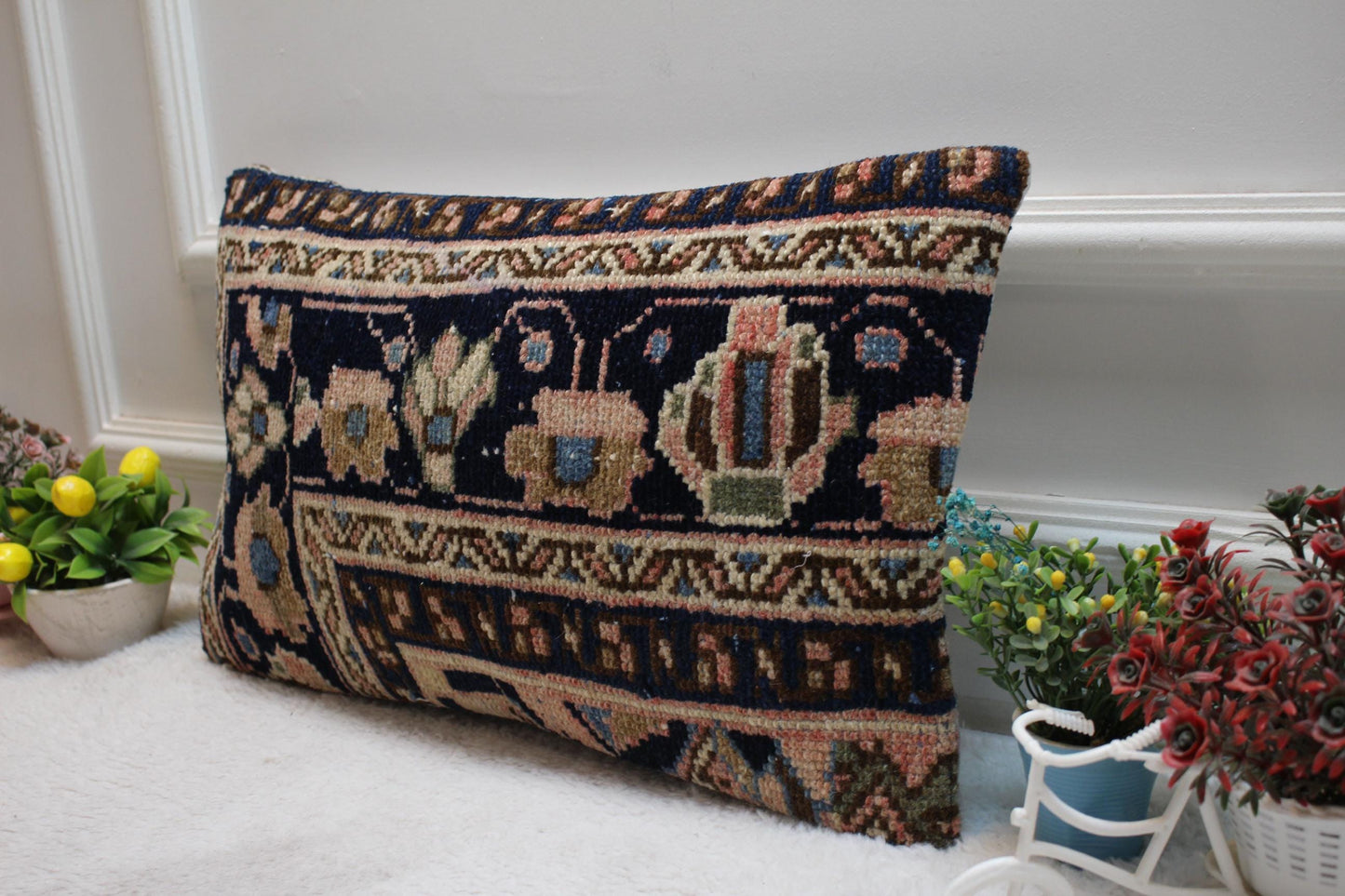 Floral Turkish Rug Lumbar Pillow Cover: Handmade Vintage Kilim, 12x20 inch