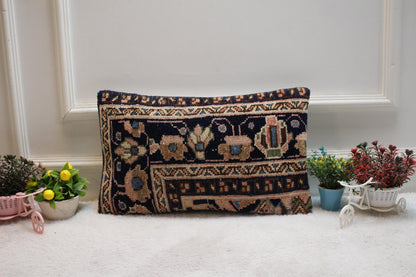 Floral Turkish Rug Lumbar Pillow Cover: Handmade Vintage Kilim, 12x20 inch