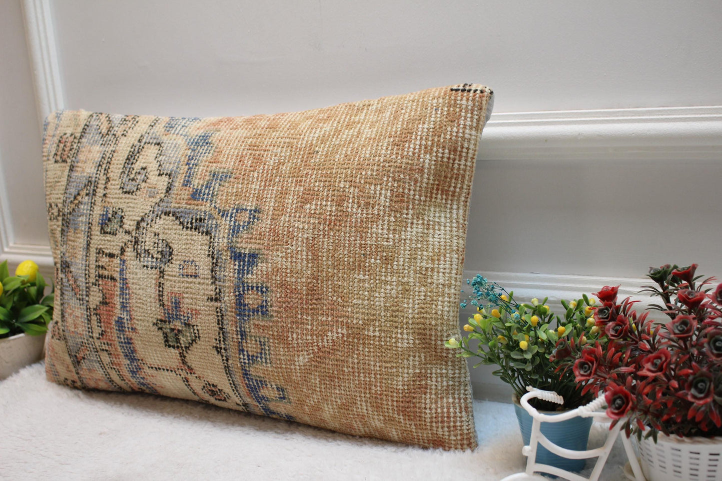 Handmade Turkish Rug Lumbar Pillow Cover: Orange Vintage Kilim, 12x20 inch