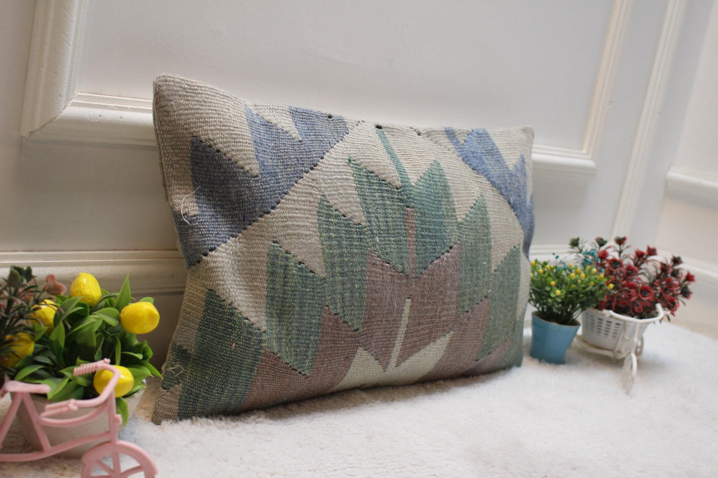 Handmade Kilim Lumbar Pillow Cover: Geometric Woven Rug, 12x20 inch