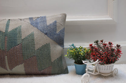 Handmade Kilim Lumbar Pillow Cover: Geometric Woven Rug, 12x20 inch