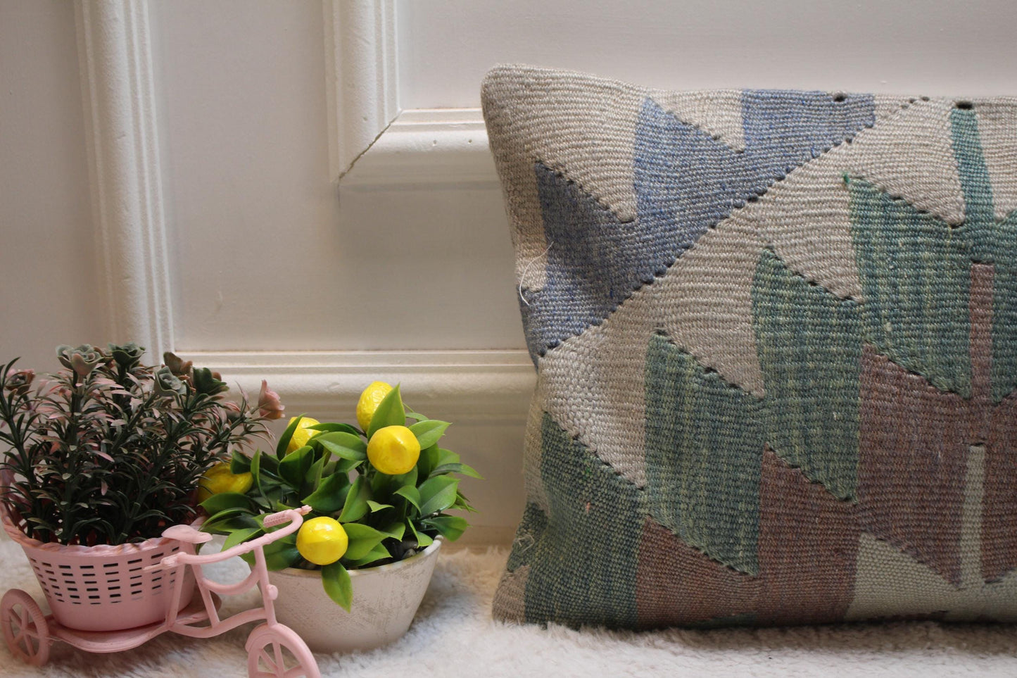 Handmade Kilim Lumbar Pillow Cover: Geometric Woven Rug, 12x20 inch