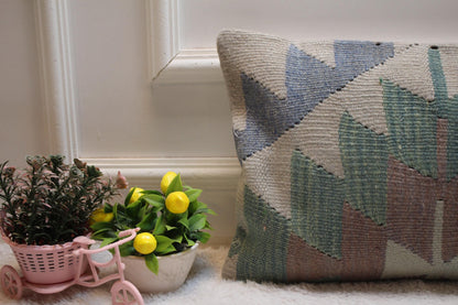 Handmade Kilim Lumbar Pillow Cover: Geometric Woven Rug, 12x20 inch