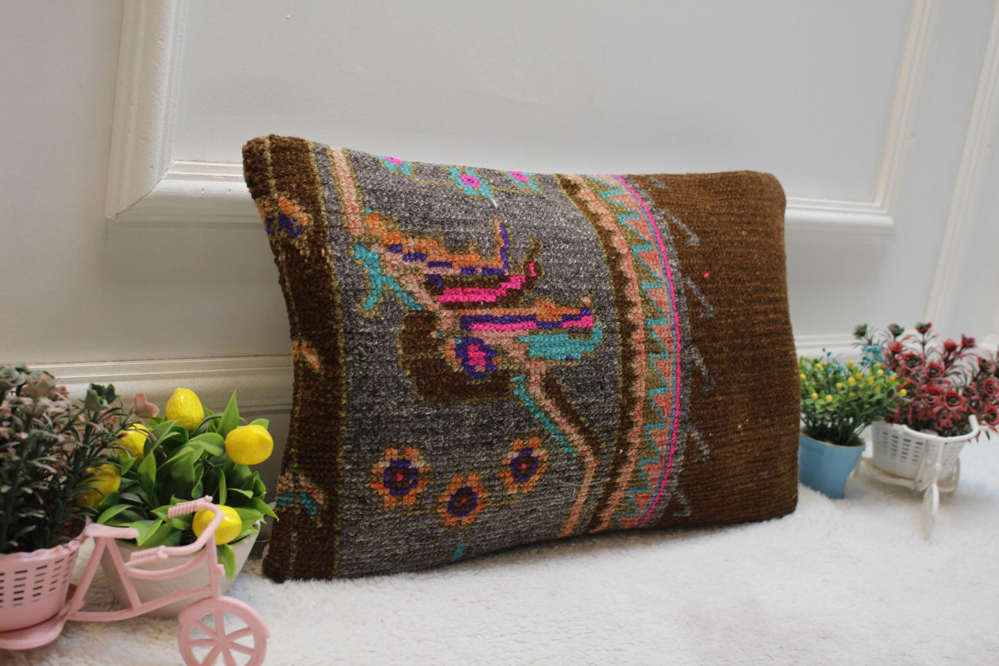 Handmade Wool Lumbar Pillow Cover: Upcycled Anatolian Kilim (12x20 in)