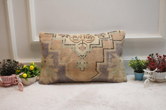 Beige Turkish Rug Lumbar Pillow Cover: Vintage Boho Decor (12x20 in)