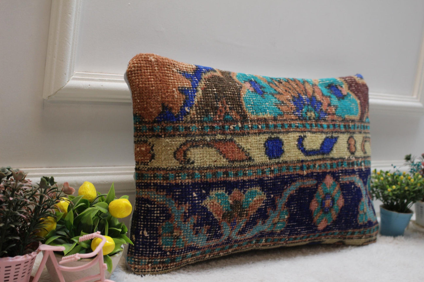 Handmade Kilim Pillow Cover: Upcycled Woven Rug, Blue Accent (12x20 in)