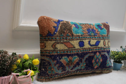 Handmade Kilim Pillow Cover: Upcycled Woven Rug, Blue Accent (12x20 in)