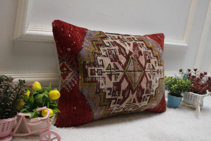 Red Vintage Turkish Rug Pillow Cover: Lumbar Kilim Pillow, 12x20 inc