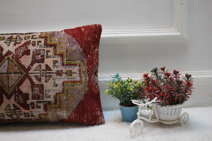 Red Vintage Turkish Rug Pillow Cover: Lumbar Kilim Pillow, 12x20 inc