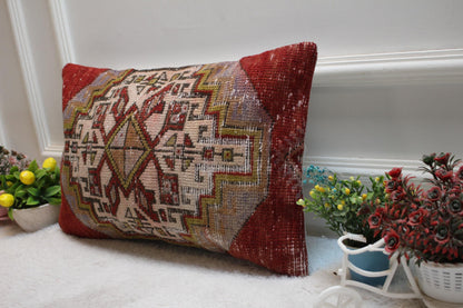 Red Vintage Turkish Rug Pillow Cover: Lumbar Kilim Pillow, 12x20 inc