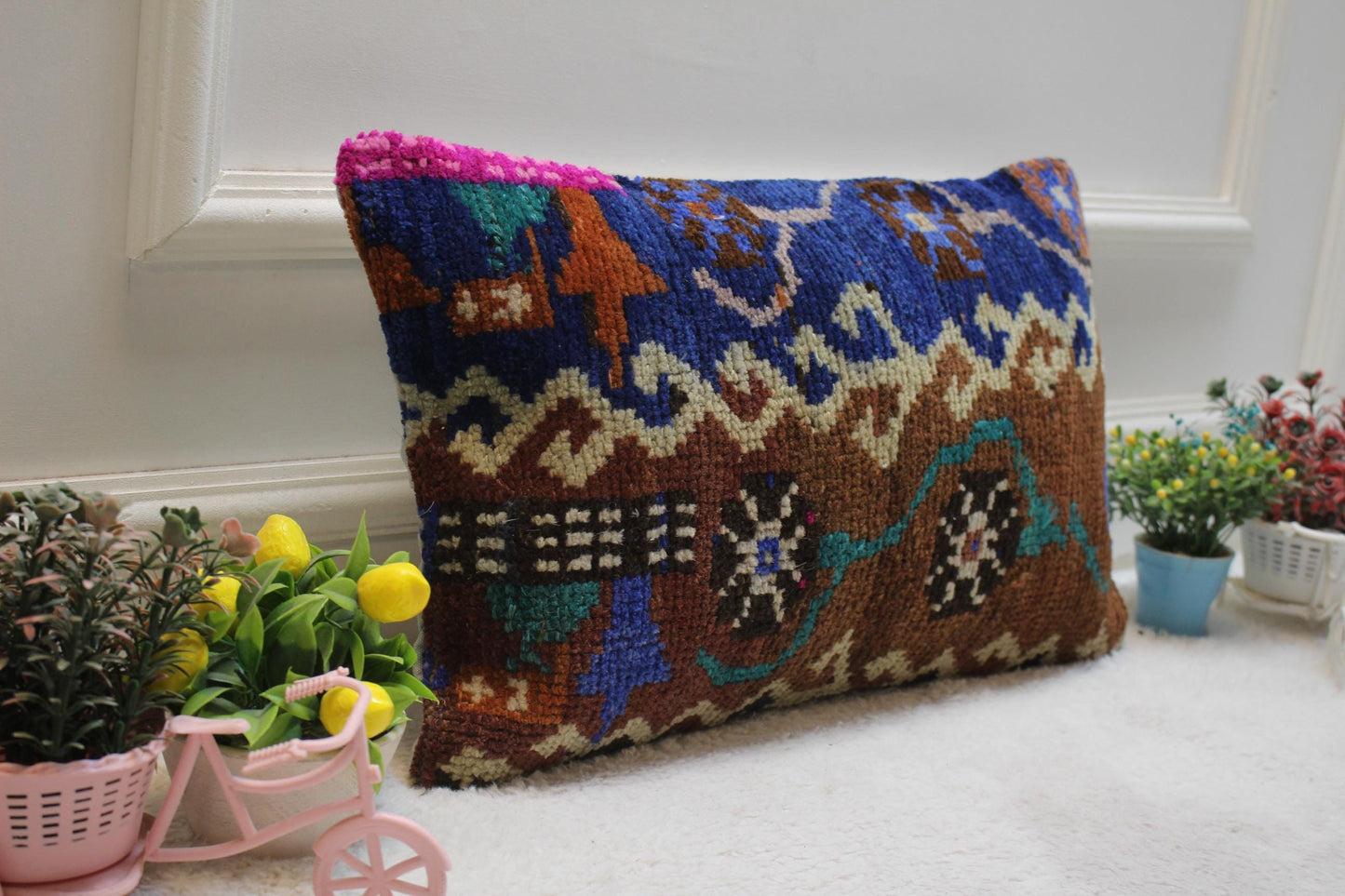 Anatolian Kilim Lumbar Pillow Cover: Blue Brown Organic Wool (12x20 inc)