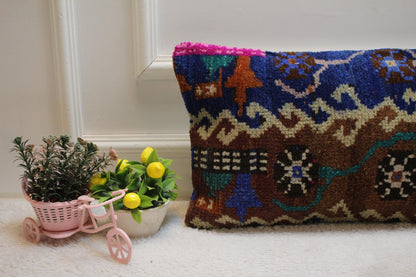 Anatolian Kilim Lumbar Pillow Cover: Blue Brown Organic Wool (12x20 inc)
