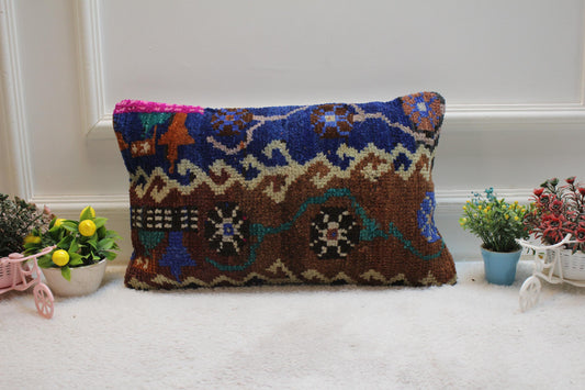 Anatolian Kilim Lumbar Pillow Cover: Blue Brown Organic Wool (12x20 inc)