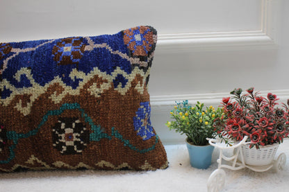 Anatolian Kilim Lumbar Pillow Cover: Blue Brown Organic Wool (12x20 inc)