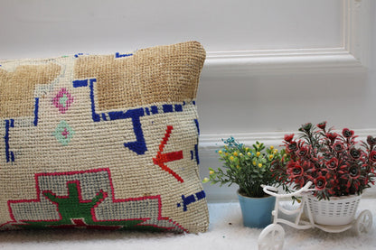 Handmade Kilim Pillow Cover: Upcycled Turkish Wool Rug, 12x20 inc