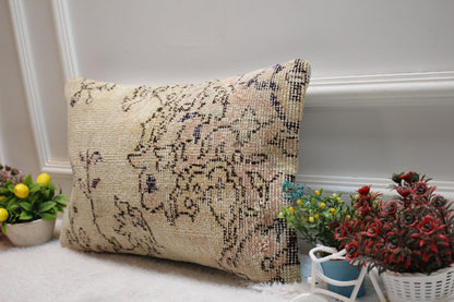 Handmade Wool Lumbar Pillow Cover: Upcycled Turkish Rug, Beige Pink Brown (12x20 in)