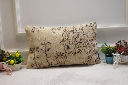Handmade Wool Lumbar Pillow Cover: Upcycled Turkish Rug, Beige Pink Brown (12x20 in)