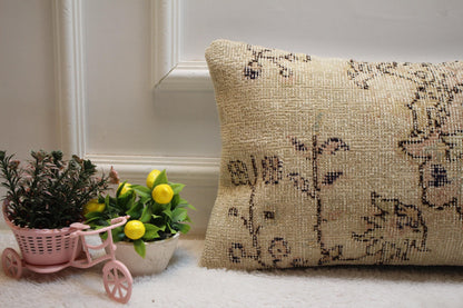 Handmade Wool Lumbar Pillow Cover: Upcycled Turkish Rug, Beige Pink Brown (12x20 in)