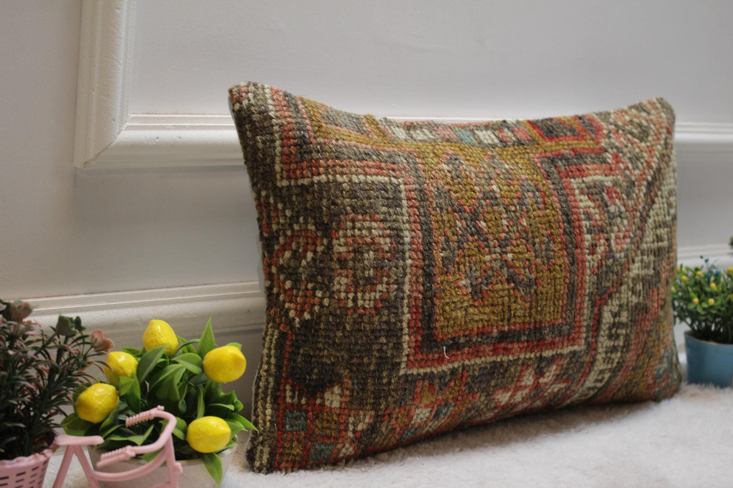 Vintage Turkish Rug Lumbar Pillow Cover: Upcycled Kilim, 12x20 inch