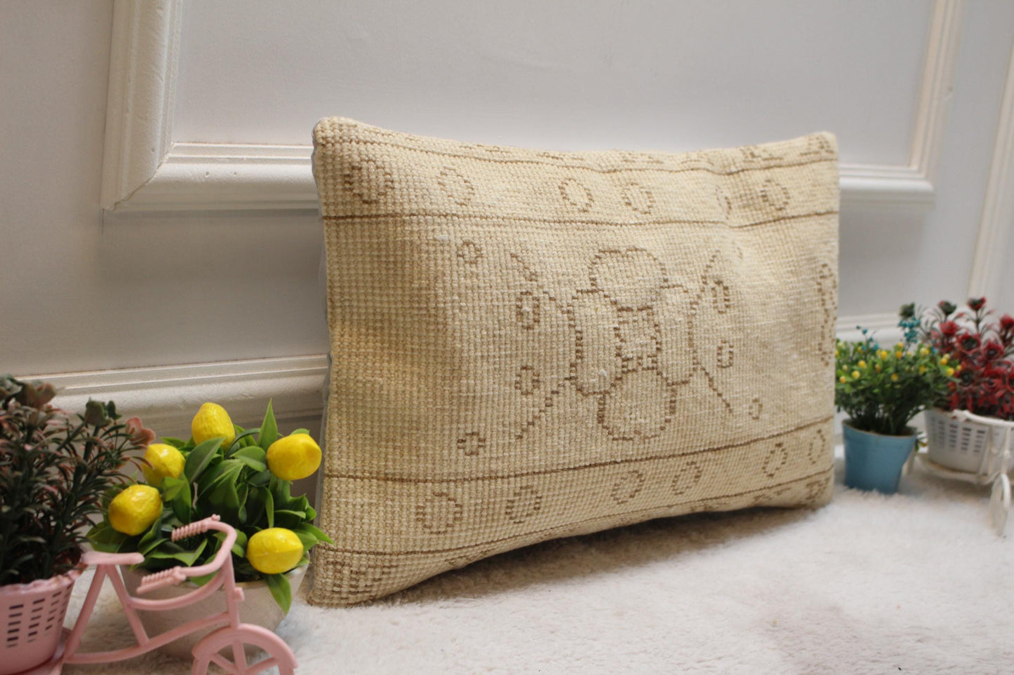 Beige Floral Turkish Pillow Cover: 12x20 Lumbar, Organic Wool