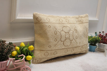 Beige Floral Turkish Pillow Cover: 12x20 Lumbar, Organic Wool