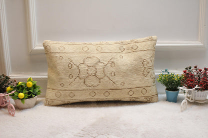 Beige Floral Turkish Pillow Cover: 12x20 Lumbar, Organic Wool