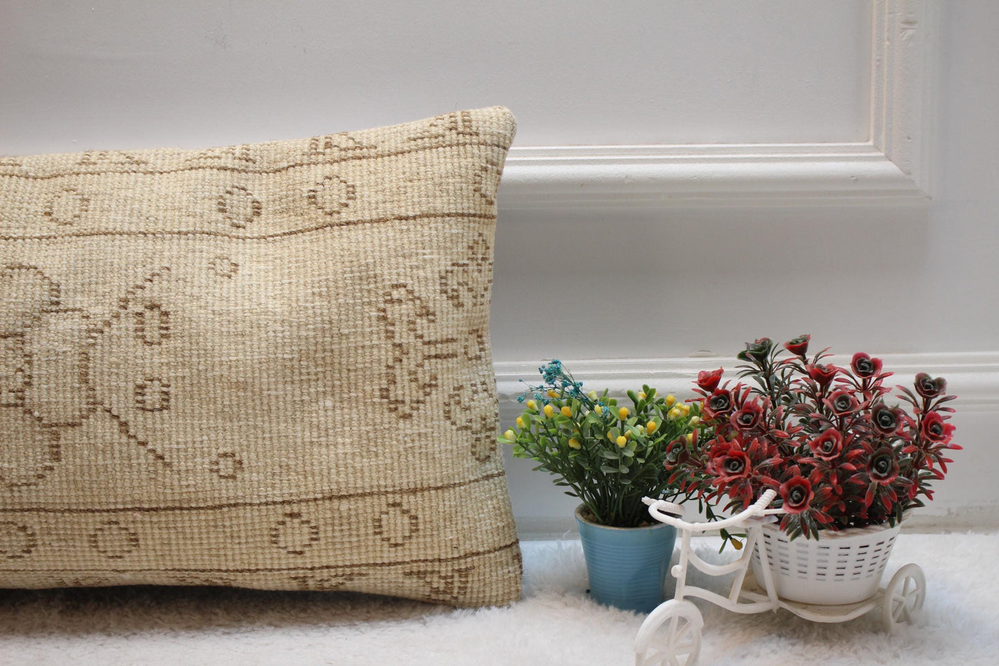 Beige Floral Turkish Pillow Cover: 12x20 Lumbar, Organic Wool