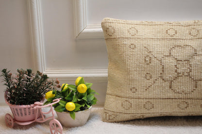 Beige Floral Turkish Pillow Cover: 12x20 Lumbar, Organic Wool