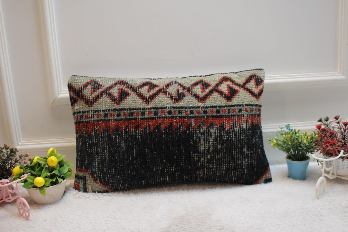 Handmade Lumbar Kilim Pillow Cover: Vintage Turkish Rug, 12x20