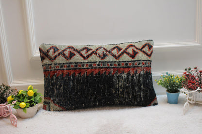Handmade Lumbar Kilim Pillow Cover: Vintage Turkish Rug, 12x20