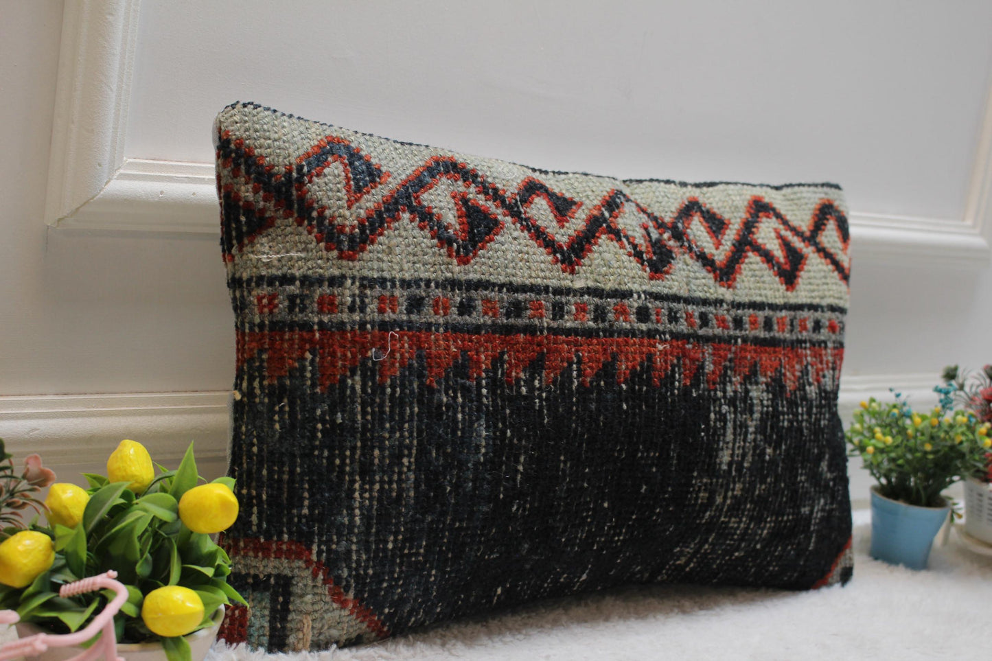Handmade Lumbar Kilim Pillow Cover: Vintage Turkish Rug, 12x20