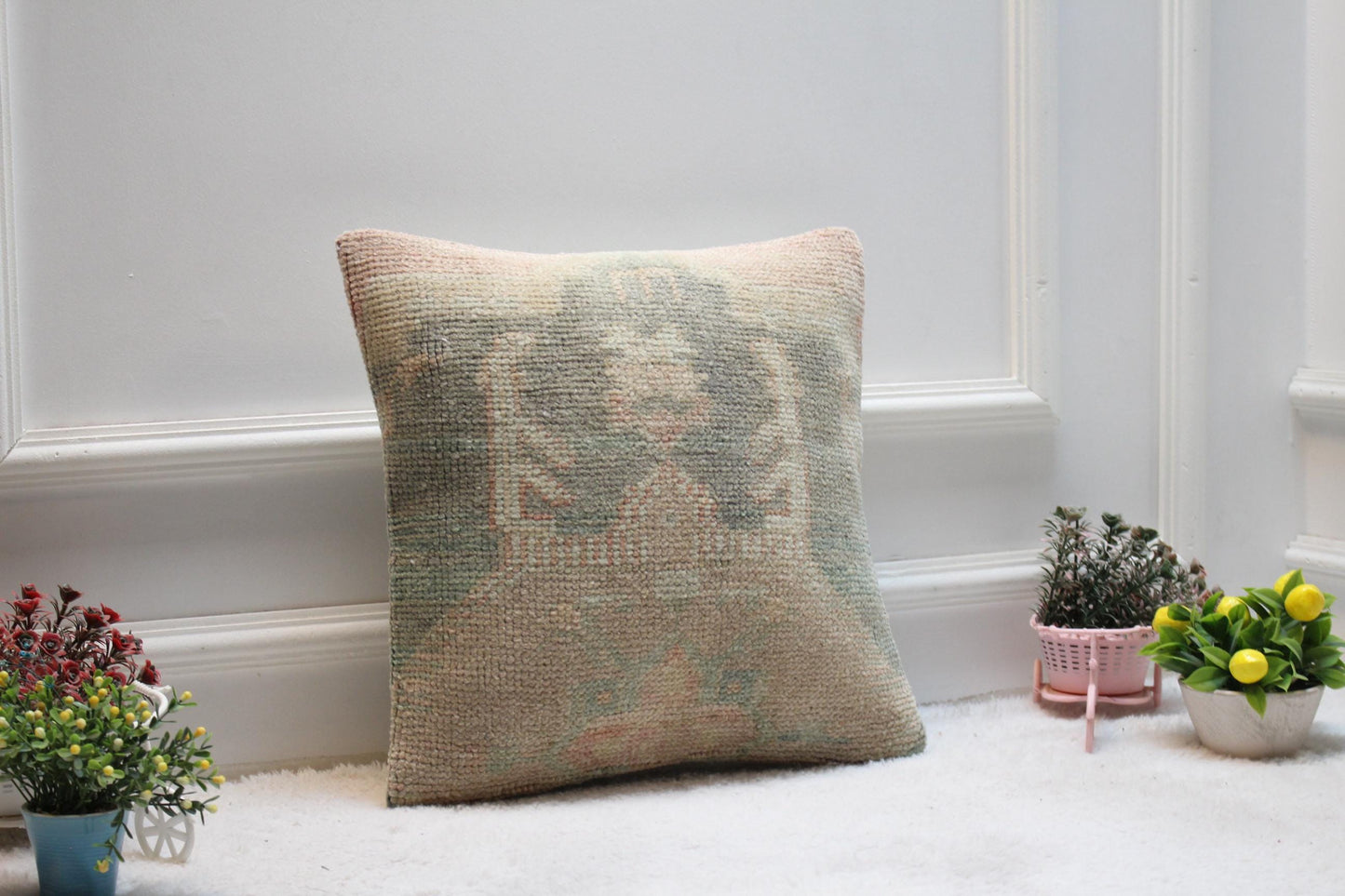 Handmade Kilim Pillow Cover: Upcycled Woven Rug, 16x16 inch