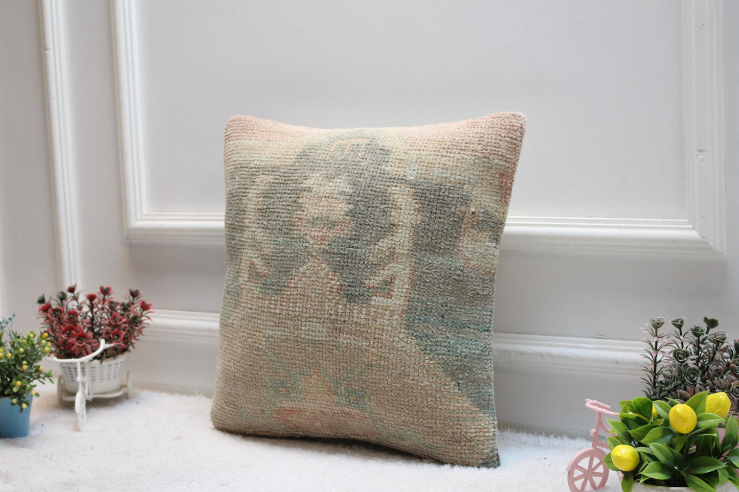 Handmade Kilim Pillow Cover: Upcycled Woven Rug, 16x16 inch