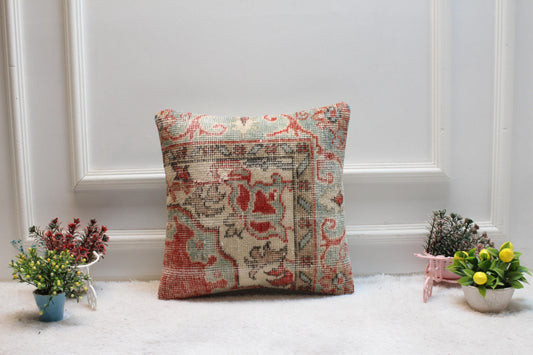 Floral Kilim Pillow Cover: 16x16 Turkish Rug Throw Pillow