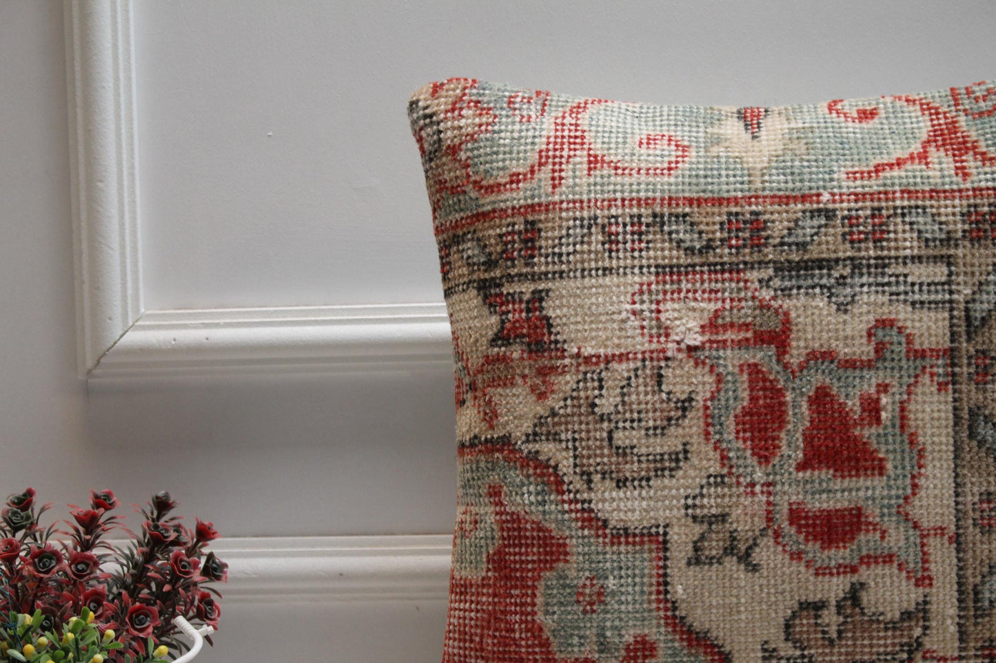 Floral Kilim Pillow Cover: 16x16 Turkish Rug Throw Pillow