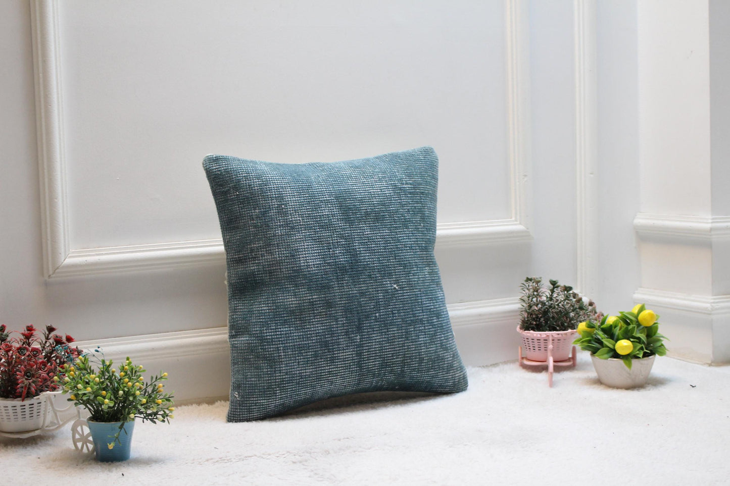 Handmade Kilim Pillow Cover: Upcycled Woven Rug, Blue, 16x16 inch