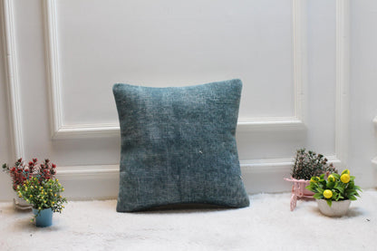 Handmade Kilim Pillow Cover: Upcycled Woven Rug, Blue, 16x16 inch