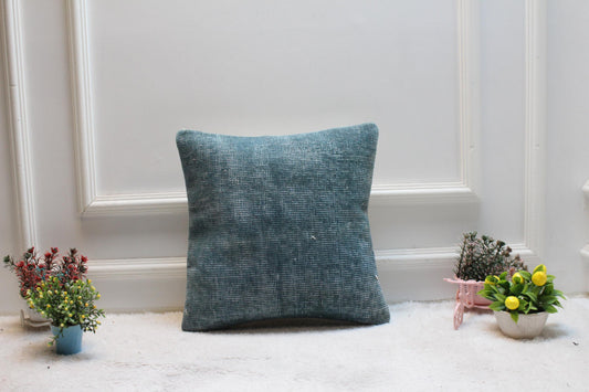 Handmade Kilim Pillow Cover: Upcycled Woven Rug, Blue, 16x16 inch