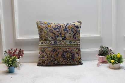 Handmade Floral Kilim Pillow Cover: Turkish Rug, Boho Decor (16x16 inch)
