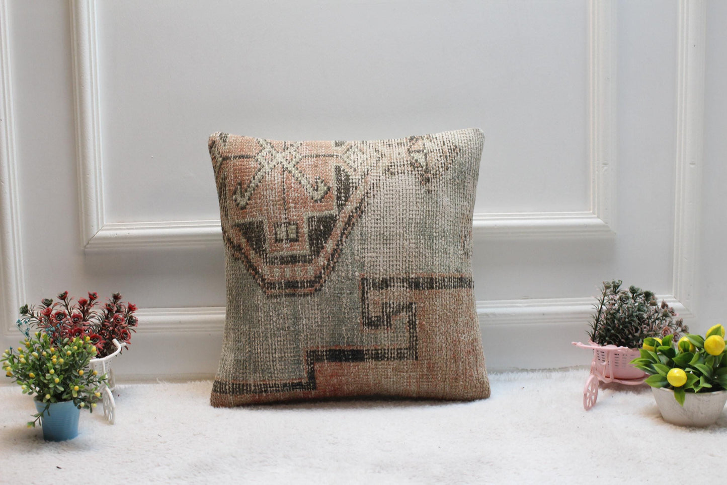 Handmade Kilim Pillow Cover: Upcycled Woven Rug, Boho Throw Pillow (16x16 in)