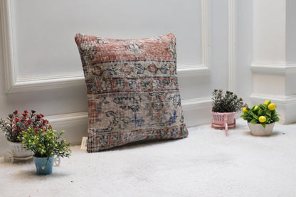 Handmade Turkish Rug Pillow Cover: Floral Boho Decor (16x16 in)